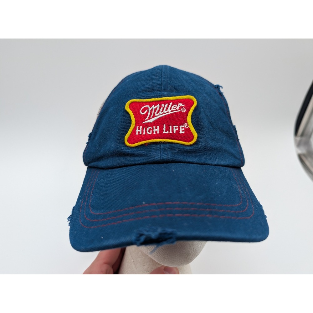 Miller High Life Beer Trucker Hat Blue Distressed Mesh Snapback Baseball Cap